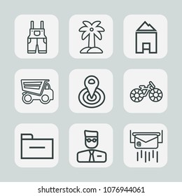Premium set of outline icons. Such as document, location, point, file, work, men, dumper, palm, wheel, jacket, post, transportation, wear, bicycle, folder, truck, letter, cycle, web, tipper, envelope