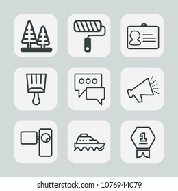 Premium set of outline icons. Such as loud, landscape, chat, speaker, movie, transport, loudspeaker, green, roller, winner, tree, identification, id, boat, painter, voice, retro, repair, identity, sea