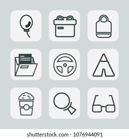 Premium set of outline icons. Such as tool, bag, outdoor, shop, style, office, air, cup, equipment, box, birthday, balloon, present, white, cafe, adventure, ribbon, holiday, magnifying, christmas, bow