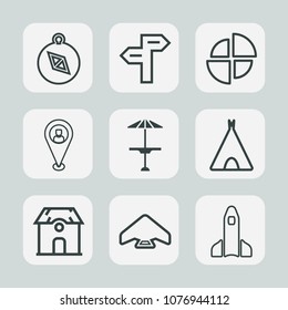 Premium set of outline icons. Such as rocket, bar, business, east, house, cafe, north, science, tent, direction, location, map, building, pin, travel, estate, parachuting, jump, home, pub, pie, table