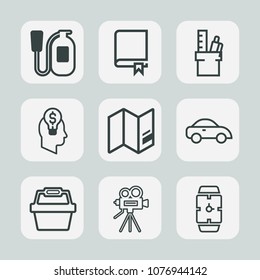 Premium set of outline icons. Such as hand, camera, tripod, map, alarm, travel, world, equipment, transport, concept, textbook, idea, book, business, school, protection, security, literature, fire