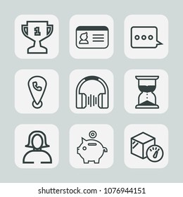 Premium set of outline icons. Such as hourglass, sand, mobile, lady, hour, personal, weight, finance, phone, audio, location, message, time, box, face, place, name, bank, sound, package, victory, win