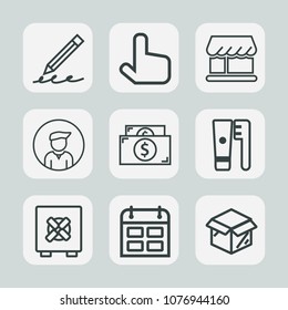 Premium set of outline icons. Such as safety, cardboard, click, pen, paper, timetable, money, cursor, hygiene, white, brush, man, box, day, care, sign, pointer, new, health, press, schedule, finance