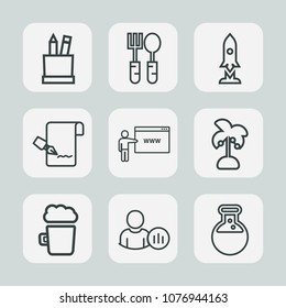 Premium set of outline icons. Such as technology, table, school, kitchen, document, spaceship, colorful, online, spoon, space, palm, equipment, stationery, sign, rocket, pencil, drink, status, pub, go