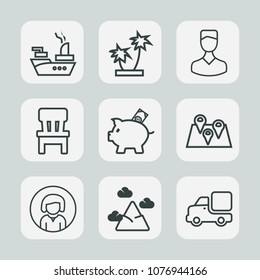 Premium set of outline icons. Such as investment, map, sea, navy, landscape, home, nature, avatar, road, sky, chair, human, room, money, face, summer, vehicle, girl, coin, young, pin, weapon, travel