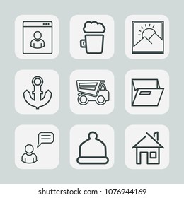 Premium set of outline icons. Such as male, bar, photo, anchor, business, house, sea, person, dump, lager, internet, boat, building, pub, communication, frame, ship, profile, alcohol, dumper, file