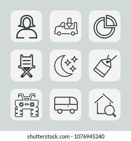 Premium set of outline icons. Such as night, chair, truck, tag, star, pretty, young, road, transport, girl, dirt, label, home, speed, wheel, cargo, face, platform, transportation, shipping, real, pie
