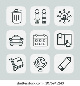 Premium set of outline icons. Such as happy, travel, boy, recycle, screen, click, smile, globe, time, pen, map, schedule, book, global, timetable, planet, recycling, bag, luggage, young, white, bin