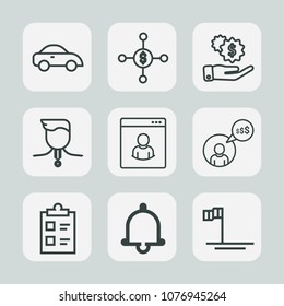 Premium set of outline icons. Such as traffic, freelance, checklist, blue, currency, income, check, bell, list, car, cab, wealth, dollar, achievement, hand, transportation, gold, vehicle, transport