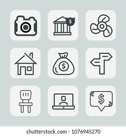Premium set of outline icons. Such as house, ventilator, cool, equipment, architecture, air, banking, ventilation, estate, cash, electric, building, frame, internet, concept, comfortable, camera, way