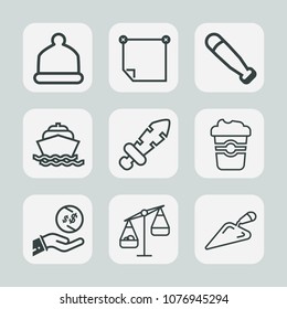 Premium set of outline icons. Such as finance, shovel, sport, note, weight, construction, blade, hat, dollar, wood, coffee, balance, money, measurement, water, knight, stick, equipment, white, mug