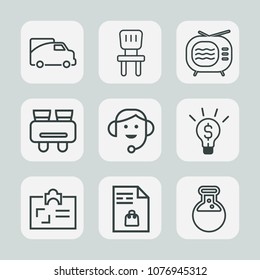 Premium set of outline icons. Such as right, notebook, transportation, headset, comfortable, chair, watch, personal, glasses, office, search, market, equipment, call, spy, television, car, home, road