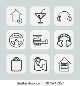 Premium set of outline icons. Such as laboratory, glass, location, road, bag, map, alcohol, pin, music, travel, drink, party, cart, property, cold, medicine, estate, ice, sound, store, technology, air