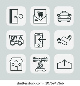 Premium set of outline icons. Such as bill, map, communication, position, emergency, point, truck, price, sign, exit, destination, shop, music, travel, car, door, fire, download, transportation, radio