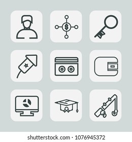 Premium set of outline icons. Such as stereo, fishing, college, business, sound, audio, young, reel, infographic, chart, casual, man, rod, tape, school, door, template, fish, finance, people, boy, key