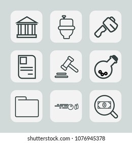 Premium set of outline icons. Such as sea, hit, legal, hammer, greece, office, wc, file, id, search, bathroom, card, laboratory, law, tool, courthouse, restroom, summer, personal, paper, business, sky