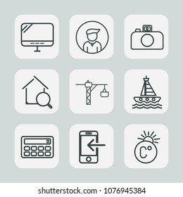 Premium set of outline icons. Such as computer, fashion, fahrenheit, people, boy, search, house, hammer, screen, camera, photography, button, boat, sign, online, film, business, male, photo, pc, water