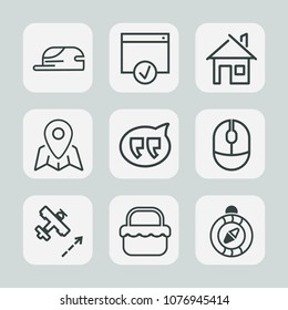 Premium set of outline icons. Such as hat, device, south, pin, picnic, concept, architecture, page, flight, computer, east, direction, click, north, home, cap, message, web, house, plane, clothing