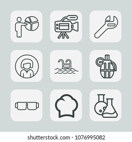 Premium set of outline icons. Such as swimming, tool, sunglasses, tripod, laboratory, medicine, water, microphone, uniform, woman, chief, chef, grenade, weapon, lady, repair, war, equipment, glasses