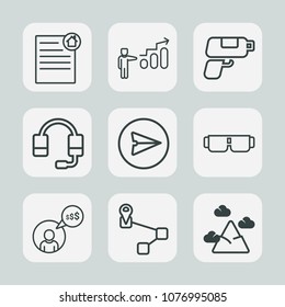 Premium set of outline icons. Such as estate, gun, game, business, mortgage, house, navigation, internet, blue, agent, call, fashion, career, message, personal, sky, sun, support, glasses, growth, web