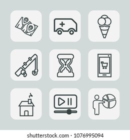 Premium set of outline icons. Such as pin, people, video, presentation, timer, app, ice, medical, dessert, technology, button, gps, meeting, rod, business, rescue, interface, car, city, ambulance, map