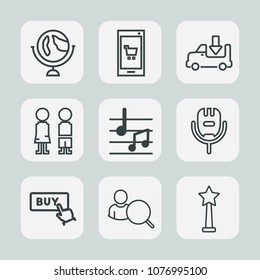 Premium set of outline icons. Such as app, world, standing, happy, medal, sign, song, people, account, geography, map, voice, earth, hand, sound, button, transport, web, buy, mobile, platform, musical