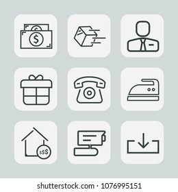 Premium set of outline icons. Such as delivery, package, cell, video, domestic, present, box, download, technology, record, clothes, employer, cash, estate, real, camera, finance, price, coin, house