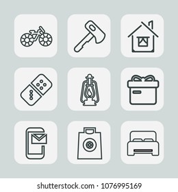 Premium set of outline icons. Such as bedroom, lamp, play, axe, sport, phone, buy, cycle, home, saw, fashion, tool, bike, row, travel, email, box, furniture, mail, building, house, wheel, double, gift