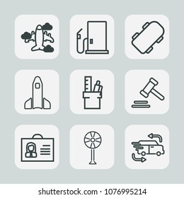 Premium set of outline icons. Such as person, profile, station, equipment, extreme, delivery, shuttle, petrol, petroleum, business, pump, launch, fly, internet, transportation, stationery, flight, fan
