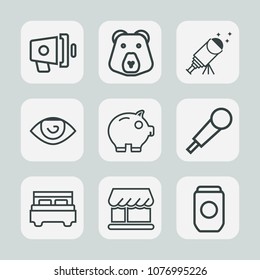 Premium set of outline icons. Such as body, grizzly, music, tin, bed, sound, animal, karaoke, metal, loudspeaker, shop, announcement, cash, finance, container, wild, audio, mic, message, telescope