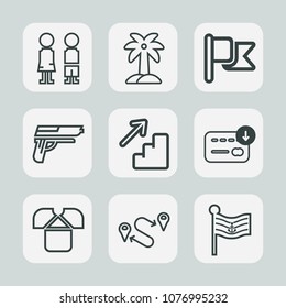 Premium set of outline icons. Such as finance, girl, bag, child, gun, shirt, upstairs, destination, young, travel, standing, sack, tshirt, palm, tropical, downstairs, nature, up, national, fashion