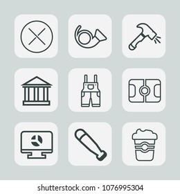 Premium set of outline icons. Such as drink, uniform, musical, brass, tourism, orchestra, delete, wood, clothing, shovel, chart, bat, jazz, bugle, greece, coffee, tool, sign, cafe, sky, baseball, web