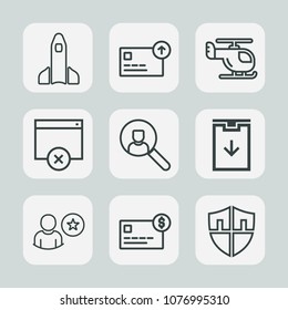 Premium set of outline icons. Such as rocket, online, exploration, coin, approve, security, science, astronaut, protection, currency, balance, spaceship, aviation, transport, chopper, credit, web, air