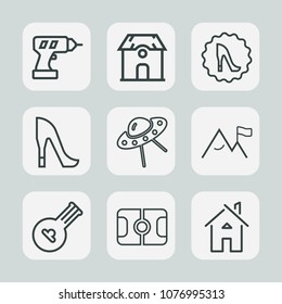 Premium set of outline icons. Such as property, sport, white, music, footwear, circle, repair, real, stadium, electric, construction, elegance, power, frame, machine, high, house, pitch, football, ufo