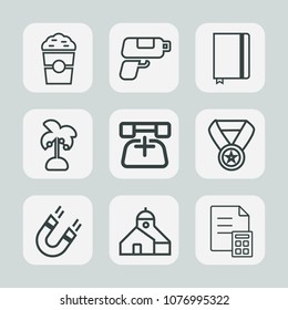 Premium set of outline icons. Such as shop, business, cafe, game, element, pole, tropical, call, money, building, prize, book, morning, nature, restaurant, pistol, finance, drink, banking, financial