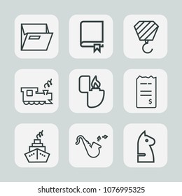 Premium set of outline icons. Such as folder, library, financial, chessboard, strategy, equipment, fire, money, book, construction, paper, trumpet, musical, bill, education, office, read, horse, study