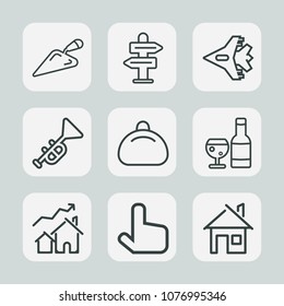 Premium set of outline icons. Such as arrow, glass, real, house, musical, estate, way, drink, home, tool, red, screwdriver, sign, hammer, aircraft, fashion, bugle, construction, increase, business
