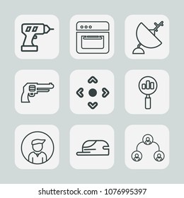 Premium set of outline icons. Such as wireless, technology, hat, dish, handgun, cooker, drill, construction, company, business, satellite, antenna, hot, search, equipment, work, male, structure, home