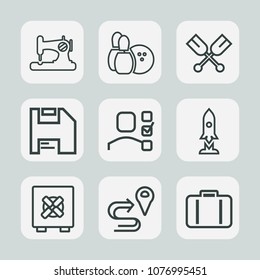 Premium set of outline icons. Such as security, boat, paddle, bag, safety, route, map, office, space, sew, bowling, plan, fashion, navigation, fabric, safe, needle, task, pin, sport, retro, luggage