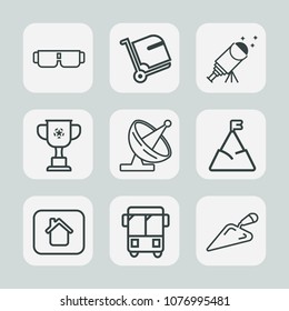 Premium set of outline icons. Such as nature, landscape, technology, winner, championship, style, cup, competition, sun, modern, suitcase, satellite, estate, dish, night, baggage, blue, construction
