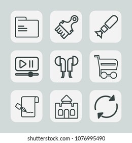Premium set of outline icons. Such as sound, military, technology, document, weapon, video, explosive, architecture, interface, object, volume, folder, cart, destruction, shop, paper, audio, open, 