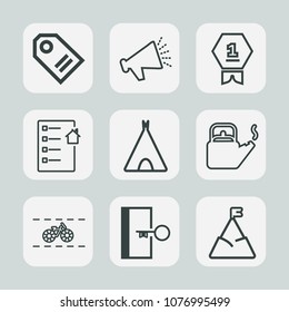 Premium set of outline icons. Such as nature, real, document, business, sign, tag, camp, first, estate, door, discount, loud, steam, kettle, sale, landscape, mountain, bike, achievement, place, price