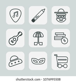 Premium set of outline icons. Such as guitar, masquerade, celebration, shop, carnival, cartoon, market, sun, money, smile, mask, music, ufo, white, pencil, space, summer, happy, vacation, technology