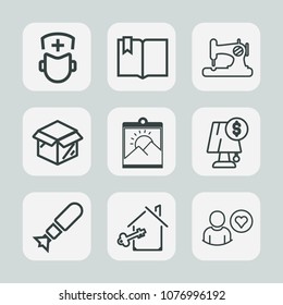 Premium Set Of Outline Icons. Such As Healthcare, Medicine, Electricity, Surgeon, House, Uniform, Machine, Bomb, Key, Library, Lamp, Book, Nurse, Education, Blank, Cardboard, New, Home, Property, Sew