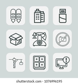 Premium set of outline icons. Such as safe, device, carton, property, new, , bank, warning, plug, old, power, hammer, home, finance, monitor, vintage, network, call, cable, business, desktop, computer