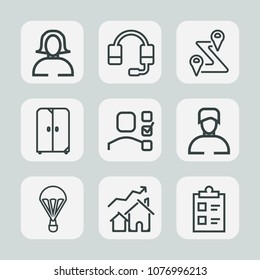 Premium set of outline icons. Such as personal, beautiful, portrait, home, sound, girl, parachuting, interior, extreme, cabinet, female, checklist, man, jump, furniture, map, task, male, boy, office