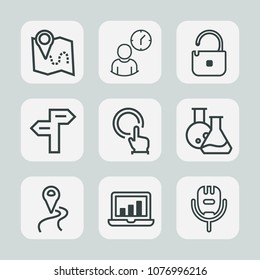 Premium set of outline icons. Such as key, tool, arrow, karaoke, computer, laptop, hour, work, pin, microphone, button, office, travel, time, minute, city, business, equipment, graphic, music, gps