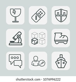 Premium set of outline icons. Such as web, house, shield, bubble, risk, science, cardboard, effect, protection, crack, account, security, ship, message, boat, vessel, beautiful, protect, relocation