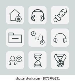 Premium set of outline icons. Such as map, speaker, investment, house, graph, time, growth, position, storage, sound, travel, stereo, medieval, blade, ancient, destination, estate, success, steel, win