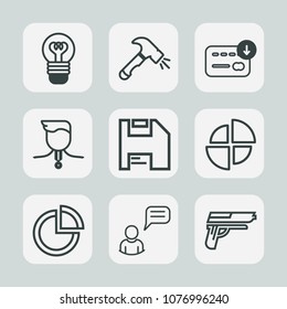 Premium set of outline icons. Such as hammer, hand, lamp, chart, pistol, concept, chat, screwdriver, bright, currency, construction, sack, electricity, business, diskette, gold, handgun, cash, medal
